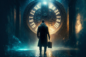 A man in front of a mystical time travel portal with a large antique clock - obrazy, fototapety, plakaty