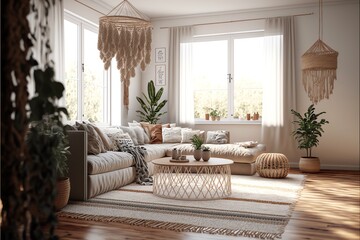 Living room Boho chic home decor, interior design, generative AI