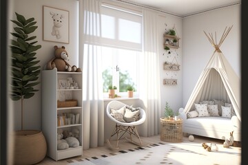 Baby nursery room, Nordic style home decor, interior design, generative AI