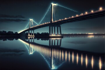  a long bridge over a body of water at night with lights on the top of the bridge and the lights on the bottom of the bridge.  generative ai