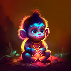 cute baby Hindu God Hanuman cartoon character style, generative AI