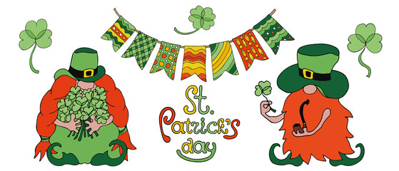Set of St. Patricks Day traditional symbols and  Irish groovy Gnomes. Irish holiday concept clipart. Single elements  isolated on transparent background. 