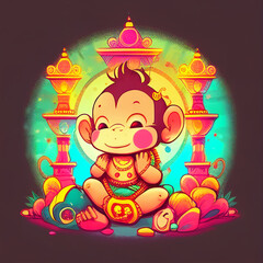 Naklejka premium cute baby Hindu God Hanuman cartoon character style, generative AI