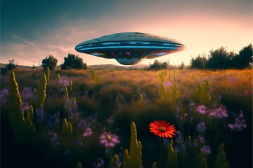 Naklejka na ściany i meble A UFO flying across a vast desert plain