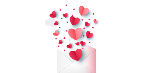Valentine's day background with red and pink hearts like balloons flying from a letter envelope on white background, flat lay, clipping path. PNG