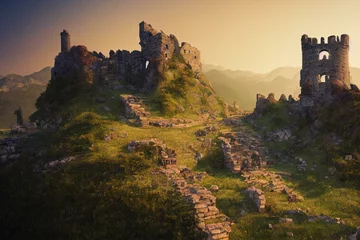 Keuken foto achterwand Fantasie landschap Ruins of medieval castle on cliff in mountains. Fantastic magical landscape of mountains at sunset. Old castle in fairyland, fairy tale. 3d illustration. Generative AI