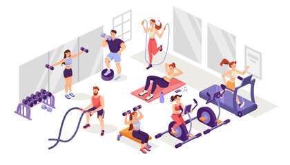 Fototapeta premium Man and Woman at Gym Doing Sport Training and Workout Vector Illustration
