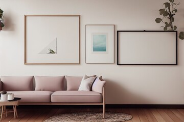 mock up poster frame in modern interior background, living room, Scandinavian style, Generative AI illustration.