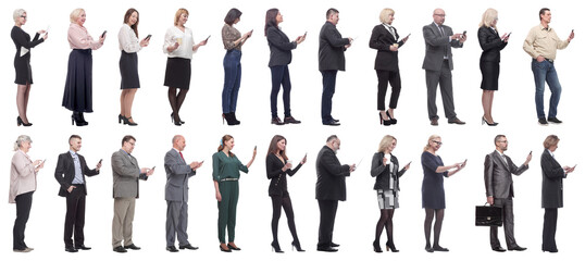 group of people profile holding phone in hand isolated