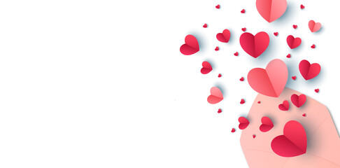 Obraz na płótnie Canvas Valentine's day background with red and pink hearts like balloons on white background, flat lay, clipping path. PNG