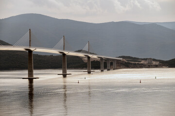 New, cable-stayed bridge crossing from croatian land to the Peljesac peninsula, connecting the two parts of croatian coast