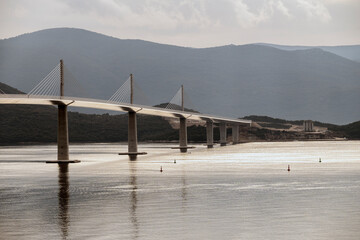 New, cable-stayed bridge crossing from croatian land to the Peljesac peninsula, connecting the two...