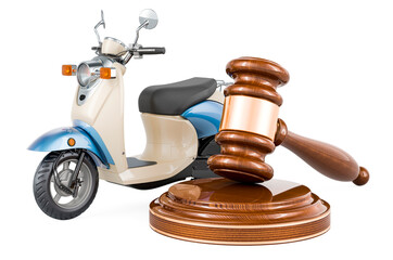 Motor scooter, moped with wooden gavel, 3D rendering