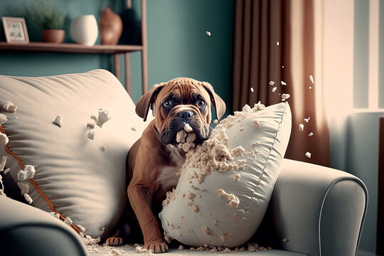 bored young dog destroying cushions on sofa, generative ai