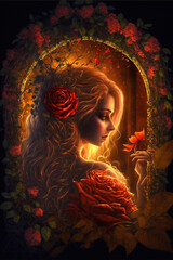 A blonde girl at sunset. A princess in a fantasy world. Rose. Generative AI