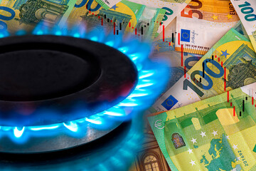 gas hob burner of blue gas with euro cash banknotes on background, cost of fuel, the euro crisis, sancions on russian gas, hob with blue gas flame and euro sign