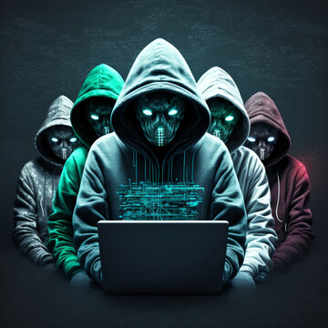 Group of hackers with a computer. Generative AI.	
