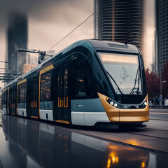 Modern tram in a modern city. Generative AI.	
 - obrazy, fototapety, plakaty
