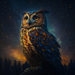 Owl in a tree at night. Generative AI.	
