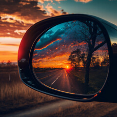 Rearview mirror of a car during sunset. Generative AI.	
