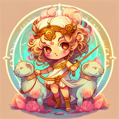 cute baby goddess Durga with lion, cartoon character style, generative AI