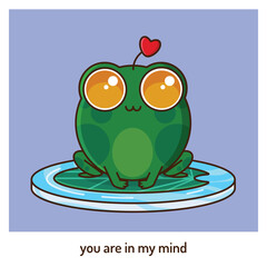 valentine postcard with cute frog, big eyes, love