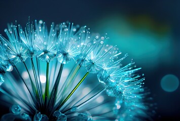 Glimmering droplets of dew embrace dandelion seeds on a stunning blue and turquoise backdrop.