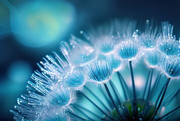 Glimmering droplets of dew embrace dandelion seeds on a stunning blue and turquoise backdrop.