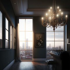 interior of a room with a window and modern living room with overlooking the city