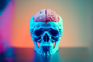 Skull with a cut off top of the bone with a pink brain inside, neon style. Generative AI technology.