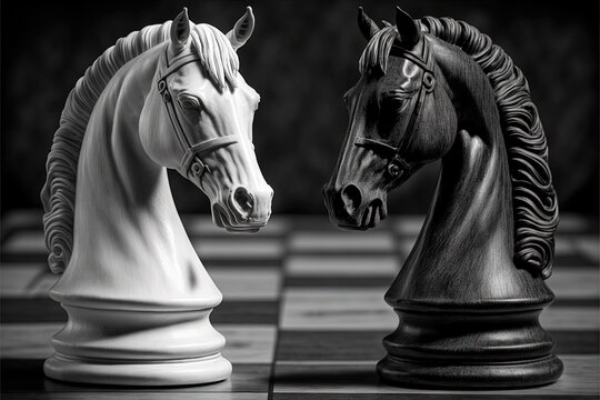  a black and white photo of two horses on a chess board with a black and white photo of the heads of two horses on the chess board.  generative ai