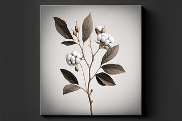  a picture of a plant with leaves and flowers on it's stem and a white background with a black border around the picture and bottom corner of the picture.  generative ai