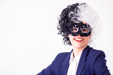 young girl in blue jacket disguised with wig and carnival mask