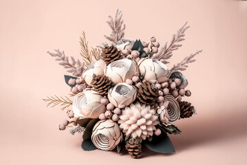  a bridal bouquet of flowers and pine cones on a pink background with a pink background and a light pink background with a light pink background.  generative ai