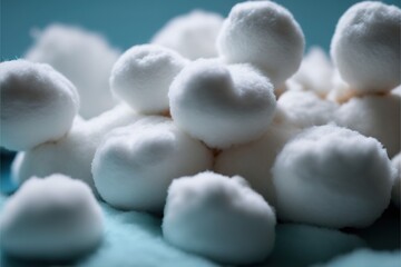  a pile of cotton balls sitting on top of a blue tablecloth covered in white fluffy balls of white cotton on top of a blue surface.  generative ai