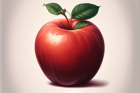 a red apple with a green leaf on it's stem and a white background with a white border around the edges of the image.  generative ai