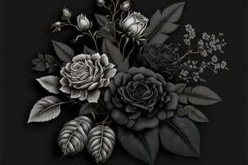  a bouquet of flowers with leaves and buds on a black background with a place for a text or a picture of a bouquet of flowers with leaves and buds on a black background.  generative ai