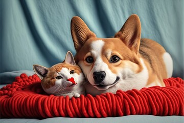  a dog and a cat are laying on a blanket with a red ball of yarn in front of them and the cat is looking at the camera.  generative ai