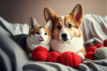  a dog and a cat laying on a bed with balls of yarn in front of them and a ball of yarn in the foreground.  generative ai