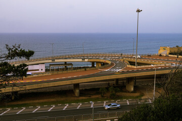 ISRAEL, HAIFA, January 20, 2023 - Top view from mount Carmel on the infrastructure of the Haifa city against the background Mediterranean Sea. Haifa, Middle East, Israel