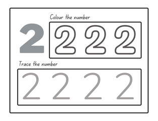 Trace and color the number Worksheet. Kids learning material. Worksheet for learning numbers. Number 2