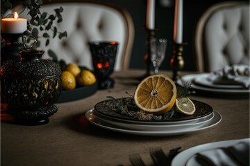  a plate with a lemon on it sitting on a table next to a vase with a candle and a vase with a lemon on it.  generative ai