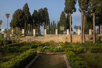 Haifa, Israel, January 10, 2023: The garden of the Stella Maris Monastery which is located on Mount...