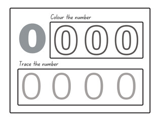 Trace and color the number Worksheet. Kids learning material. Worksheet for learning numbers. Number 0