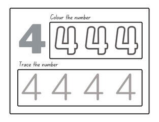 Trace and color the number Worksheet. Kids learning material. Worksheet for learning numbers. Number 4