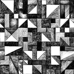 Hand drawn geometric seamless pattern. Black and white graphite pencil hatching. Texture with squares, triangles. Scribbles in segments