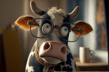 portrait of a thinking cow with glasses