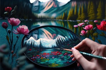  a person is painting a landscape with flowers and a lake with mountains in the background with a magnifying glass in the foreground.  generative ai