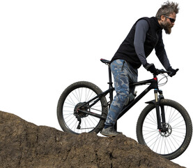 Sports brutal bearded guy on a modern mountain bike. Beautiful view from the mountain. Panoramic view for banner.