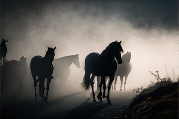 Fototapeta na wymiar a group of horses walking down a road in the foggy night time with a person on the far side of the photo looking at the horses. generative ai